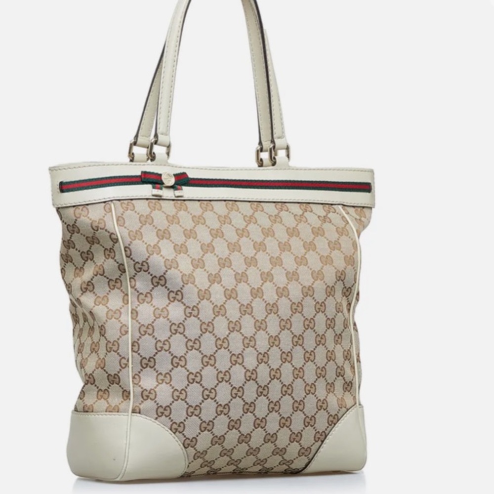 Authentic Gucci GG Mayfair
Brown Beige Canvas Fabric Tote Bag (Like new)